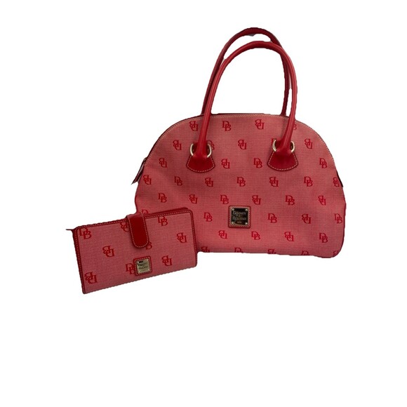 Dooney & Bourke Red Monogram Canvas Leather Trim Large Domed Satchel Bag Wallet - Picture 1 of 16